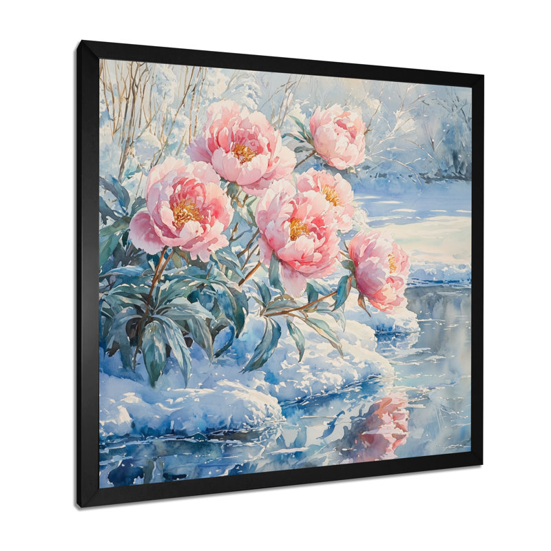 Pivoines au bord de la rivière gelée III - pivoines, art mural large, Reproduction encadrée d'une seule photo