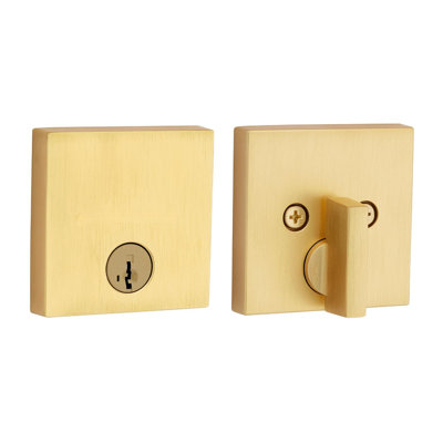 Deadbolt Lock, Satin Brass Square Exterior Keyed Front Entry Door, Pick Resistant Smartkey Rekey Security, Single Cylinder Dead Bolt, With Microban Protection