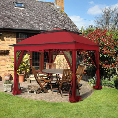 Red 11X11 Pop Up Gazebo With Mesh Netting Outdoor Canopy Tent UPF 50+ UV Protection Water Resistant Shade Shelter For Backyard Camping And Events