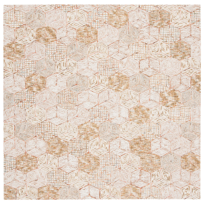 Tapis beige / taupe en laine touffeté à la main à motif géométrique, Carré 6 pi