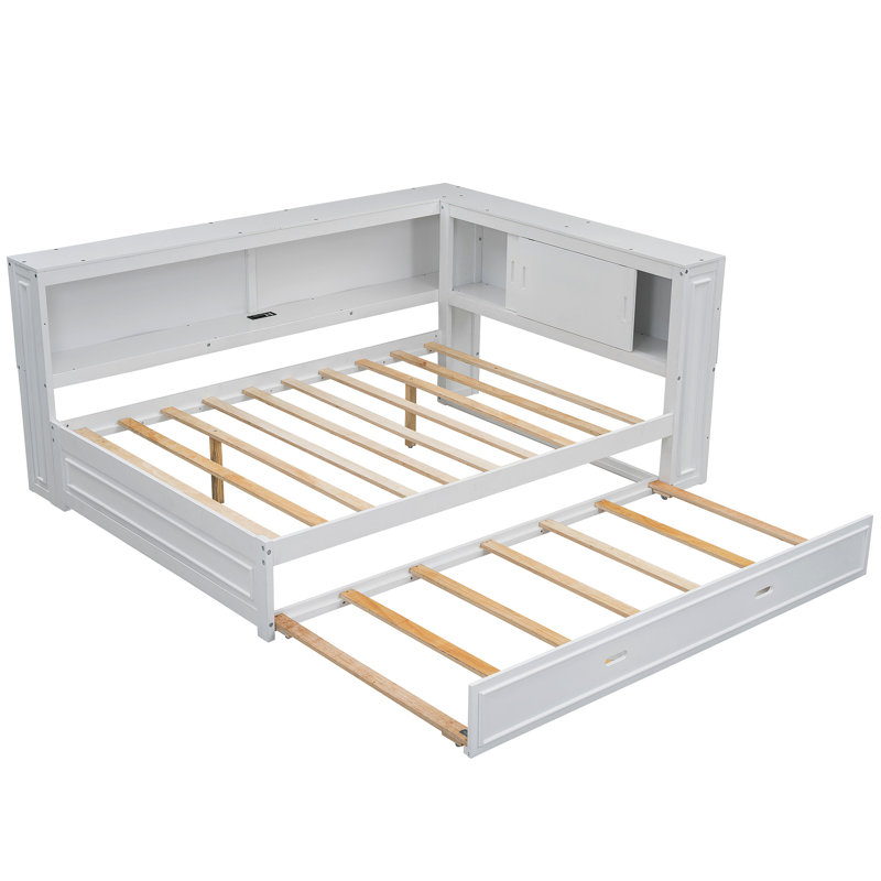 Lit de jour en bois avec tablettes de rangement, USB, DEL et lit gigogne, Blanc