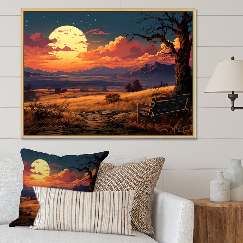 Coucher de soleil silhouette, H 30 po x l 40 po x P 1,5 po, Cadre flottant blanc