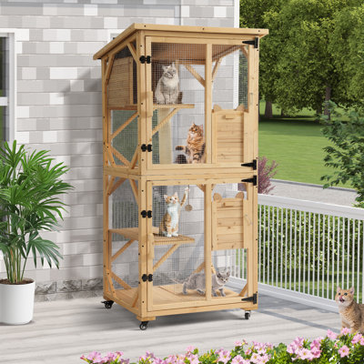 Hallvard Outdoor Cat Enclosure with Scratcher - 4-Tier Large Indoor Wooden Window Catio Cat House W/Asphalt Waterproof Roof