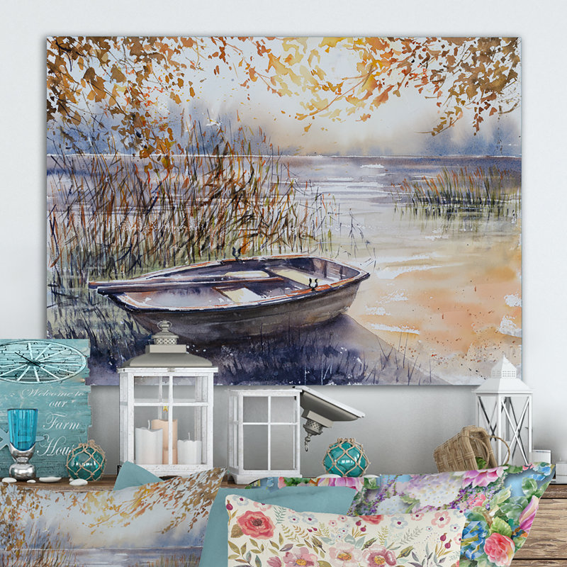 Bateau de pêche, reproduction d'art sur toile, paysage de rivière de pêche, H 12 po x l 20 po x P 1 po, Toile tendue