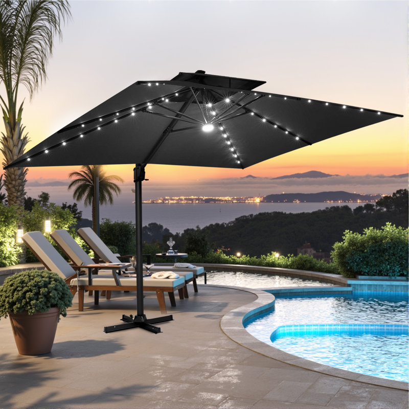 Parasol d'extérieur rectangulaire en porte-à-faux à DEL 153 po x 116 po sans base lestée Tyleia, Noir