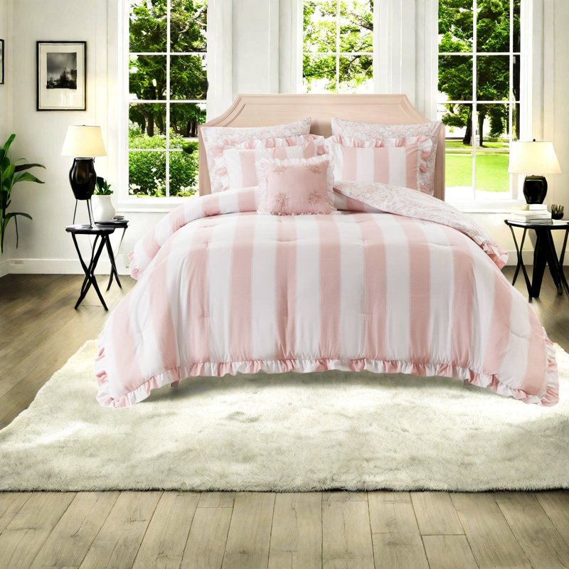Ensemble de literie rose pour lit double/queen, couette à volants en microfibre, style toile de Jouy