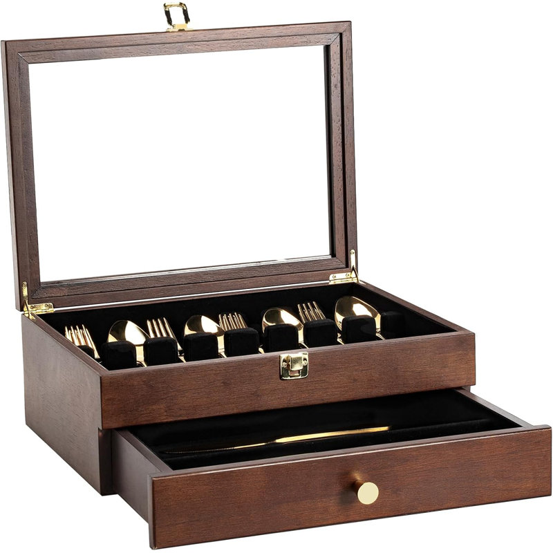 Fine Silverware Box With Glass Lid, 2-Layer Wooden Silverware Chest With Drawer,2 Layer, Walnut