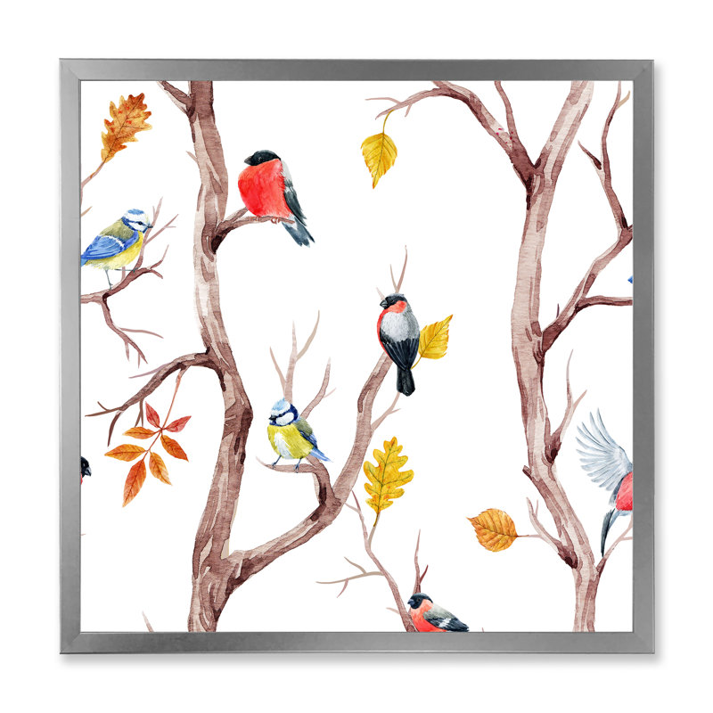 Arbres d'automne et petits oiseaux - Peinture sur toile, H 30 po x l 30 po x 1,5 po, Toile avec cadre argenté