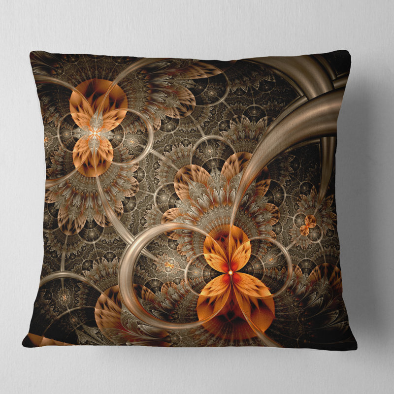 Fleur symétrique orange foncé - coussin imprimé abstrait, 18 po x 18 po, Coussin décoratif