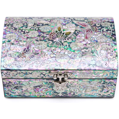 Handmade Mother Of Pearl Jewelry Box With Sea Shell Inlay And Mirror Lid - Floral Butterfly Design For Home Decor