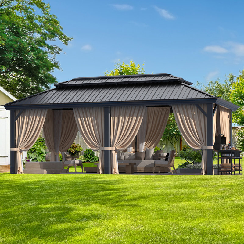 COBIZI 20 Ft. W X 12 Ft. D  Hardtop Gazebo Aluminum Metal Gazebos Galvanized Steel Double Roof Permanent Hardtop Gazebo with Netting and Curtains (Upgraded)