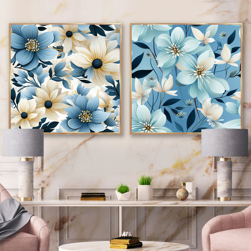 Blue Coastal Harmony, motif floral III - ensemble de 2 collages floraux carrés, Cadre flottant doré, H 30 po x l 61 po