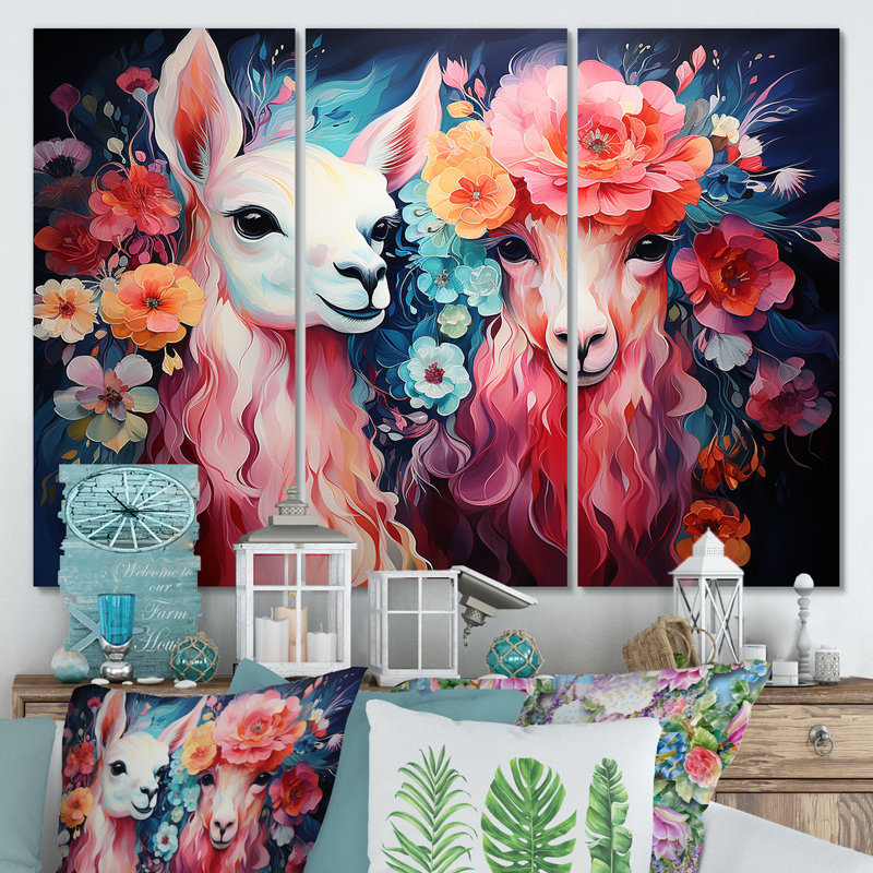 «Pink Fluffy Alpacas Floral Portrait», art mural Alpaca, H 28 po x l 36 po