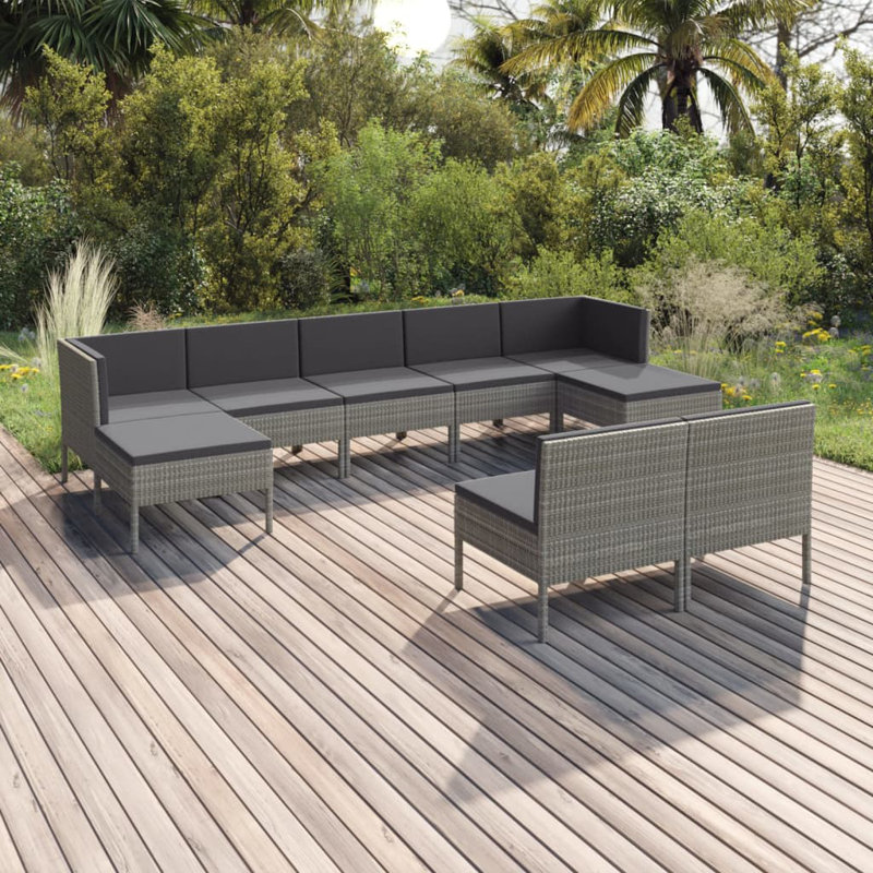 Ensemble de conversation modulaire avec coussins 9 pièces Lawenda, Gris, Noir / Beige, 9 pièces: 7 chaises, 2 repose-pieds