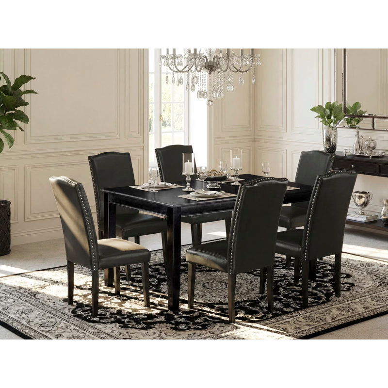 7 Piece Dining Table Set Consist of a Rectangle Kitchen Table and 6 Black Faux Leather Parson Dining Chairs, Black, Black
