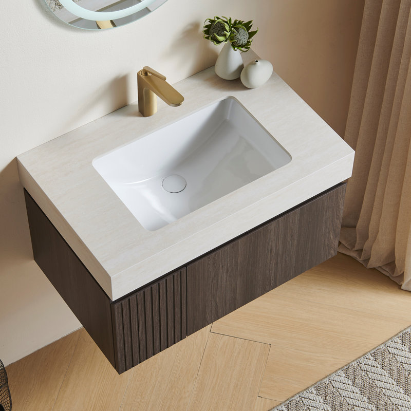 Meuble-lavabo mural de 30 po avec dessus en pierre frittée et lavabo encastré en céramique Muri, 30", Beige, Espresso