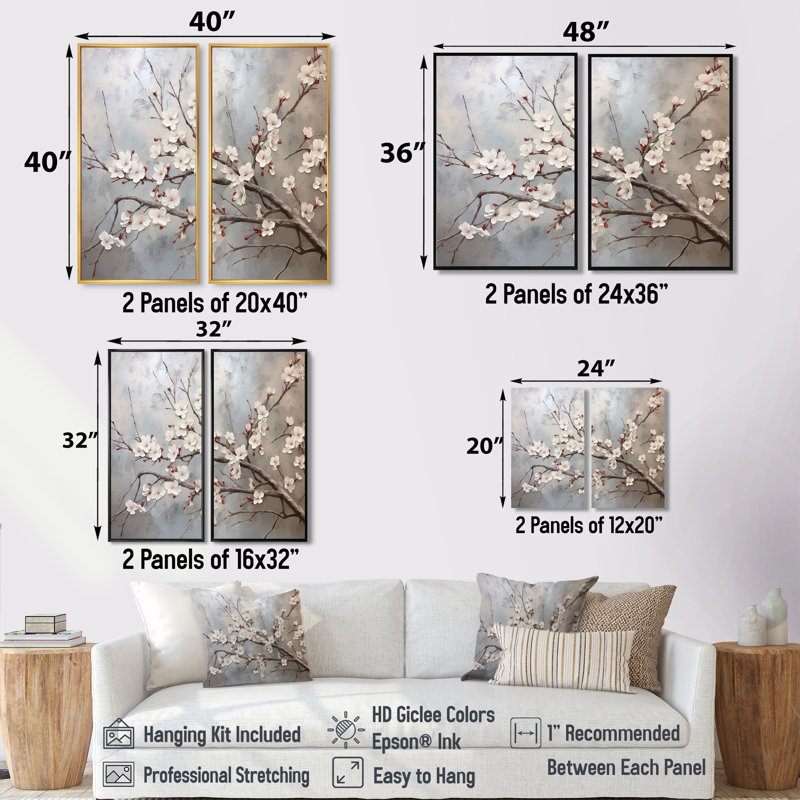 Minimalisme gris et beige fleur de cerisier I - impressions d'art traditionnelles sur toile, H 32 po x l 32 po, Crème, crème