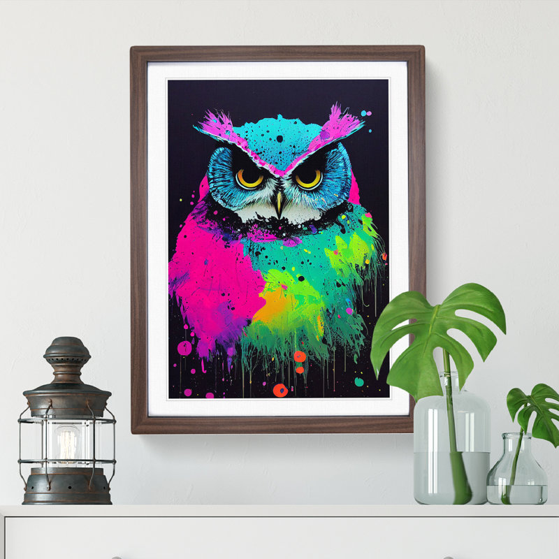 Paint Splashed Owl No.5 Abstract - Single Picture Frame Painting, 64cm H x 46cm W x 2cm D, Walnut