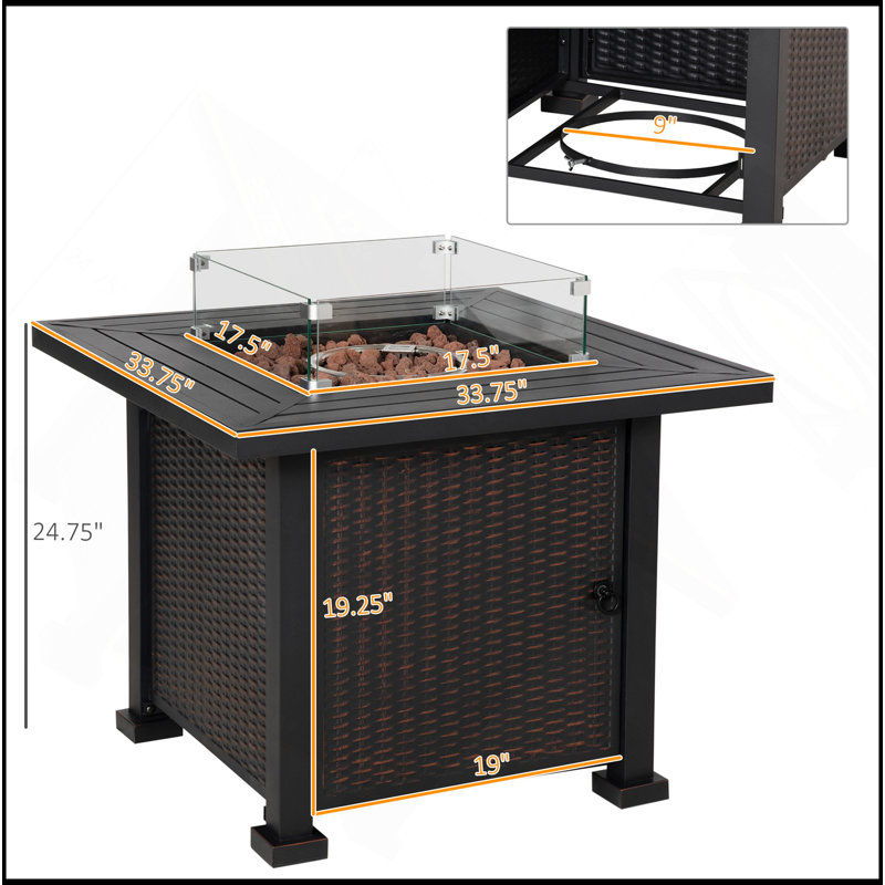 Table de foyer d'extérieur au propane 34 po 34 po, foyer à gaz à effet carré à allumage automatique 50 000 BTU avec pare-vent en verre, couvercle, pierres de lave, base en acier, certification CSA, noir