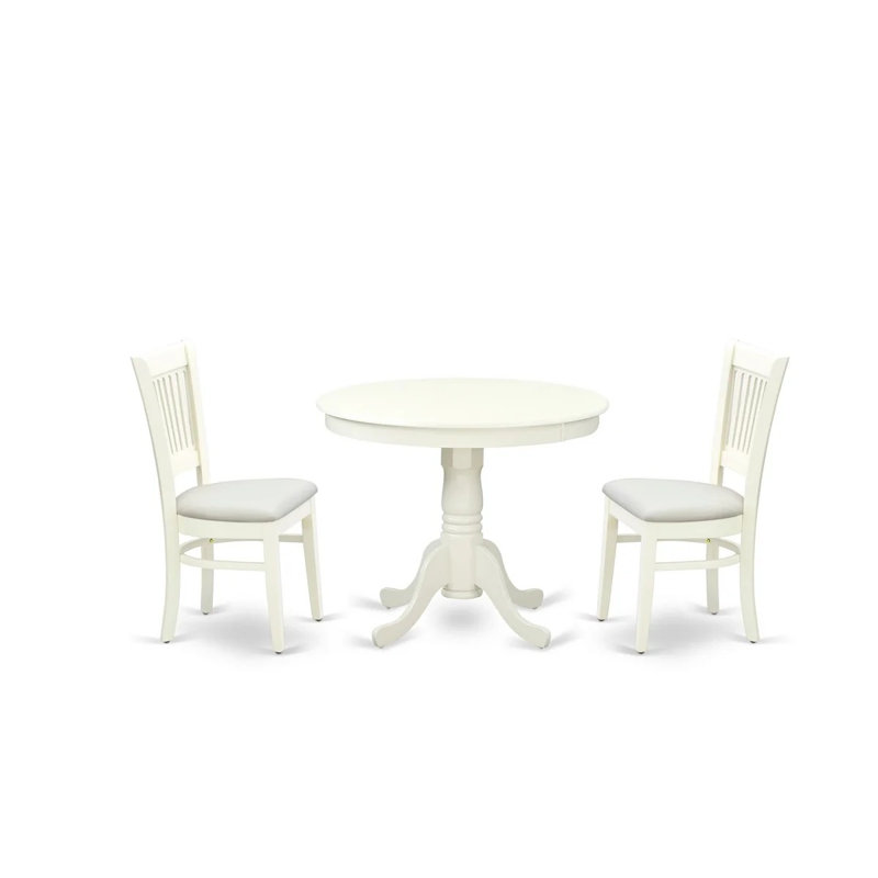 Ensemble de table de salle à manger 3 pièces - 2 chaises en bois et table de salle à manger ronde - Siège en tissu de lin et dossier à lattes en lin blanc