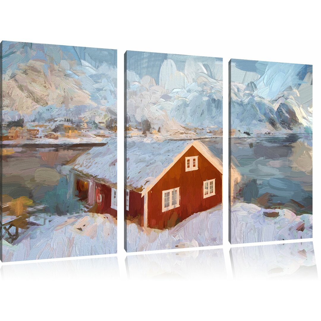 3-tlg. Leinwandbilder-Set „Fischerhaus an den Lofoten Inseln“, Grafikdruck