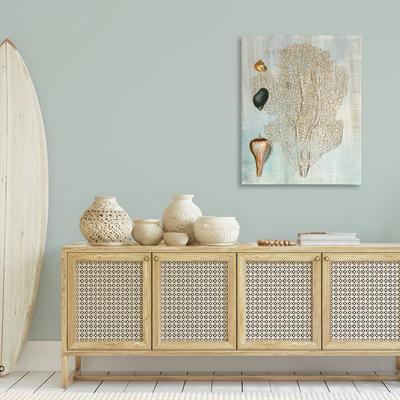 Toile détaillée corail et coquillages, design par Susan Arnot, H 40 po x l 30 po