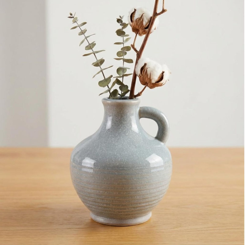 Blue Ceramic Vase with Handle, 6-Inch
