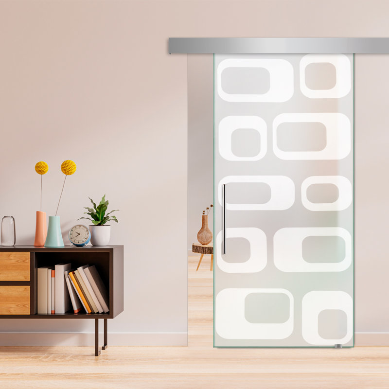 Porte de grange coulissante en verre sans cadre avec design moderne givré + ensemble de quincaillerie (double-privé)