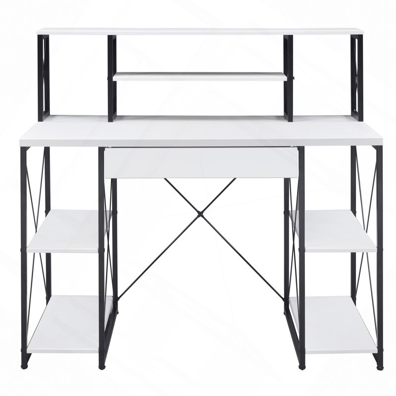 Bureau, bureau avec tablettes ouvertes et huche, Blanc/Noir
