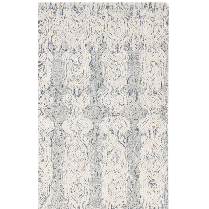Samaniego Hand Tufted Viscose/Wool Geometric Rug in Ivory/Blue, Runner 2'3" x 8'