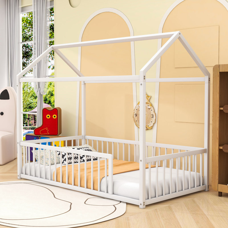 Metal House Shaped Bed With Fence, Twin, White