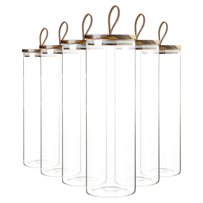 Argon Tableware - Glass Storage Jars with Wooden Lids - Leather Loop - 2 Litre - Set of 6