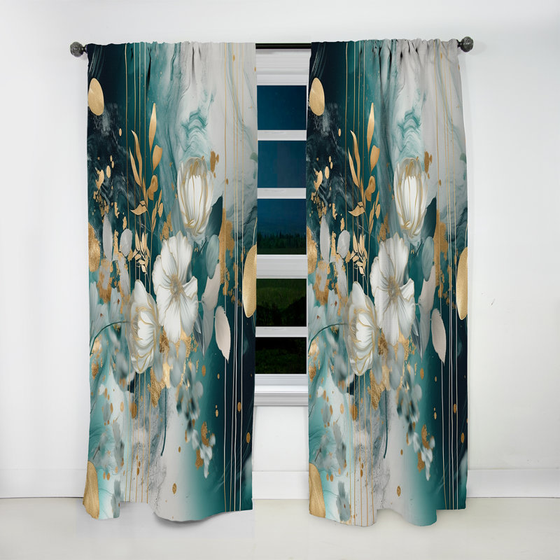 Golden Blue Marble Flowers I - Floral Curtain - Velvet Room Darkening - 1 panel, 52" W x 90" L