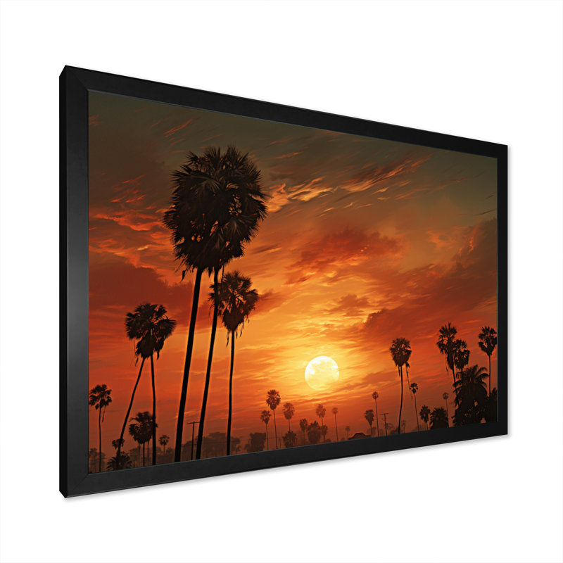 Coucher de soleil avec palmiers sur toile, H 16 po x l 32 po x P 1 po, Cadre photo noir