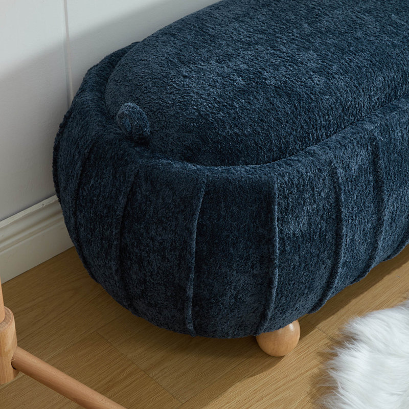 Banc d'appoint ovale rembourré de 55 pouces avec rangement, couvercle rabattable et pieds en bois massif, Blue