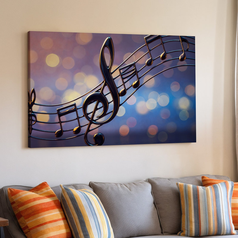 Toile vue de près d'une élégante clé de sol métallique, art mural et notes de musique sur fond légèrement flou