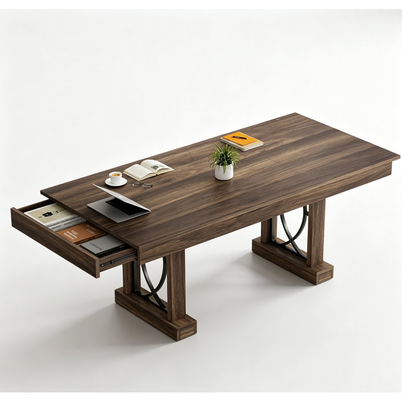 Table de salle à manger pour 6 à 8 tiroirs avec 2 tiroirs, table de cuisine en bois avec double piédestal et grand plateau de table, grande table rectangulaire de 6 pi avec cadre robuste