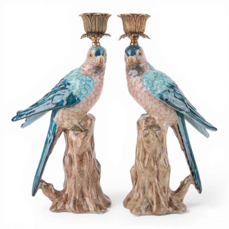 Porcelain Blue Parrot Candle Holder Pair with Bronze Ormolu