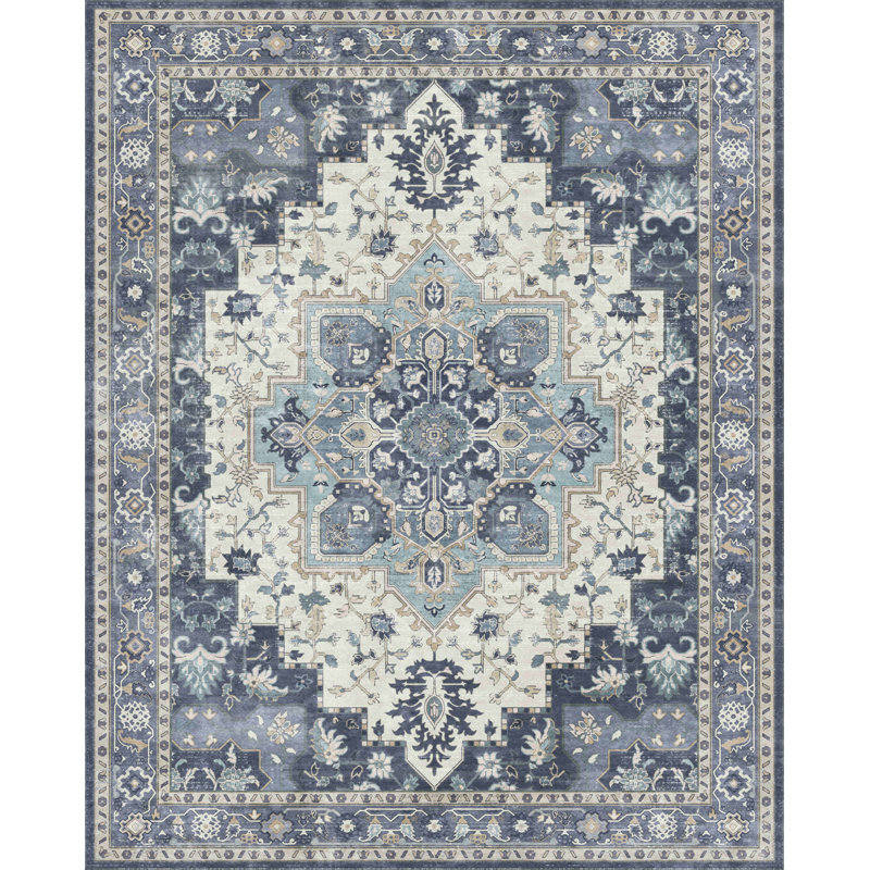 Traditional Oriental Distressed Medallion Navy Blue / Ivory Machine Washable Non-Slip Area Rug, Rectangle 5' x 7'