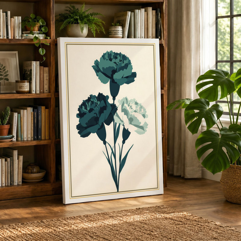Carnations in Teal and Cream Botanical - Wrapped Canvas, 36x24 - 91.4 x 61.0 cm, Teal Border