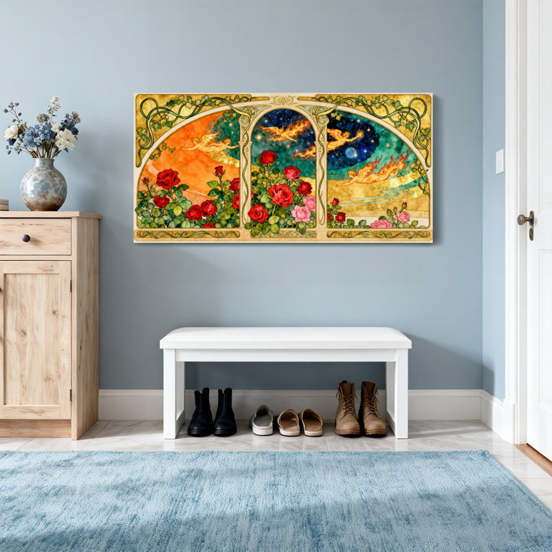 Fashion Artistic Window Roses Angels Sky, 16" H x 32" W