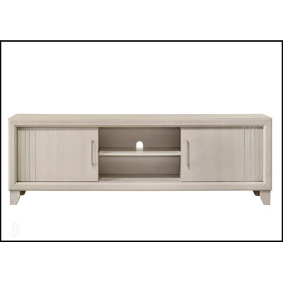 Meuble télé contemporain avec tablettes ouvertes et quincaillerie argentée, parfaite pour les salons modernes.