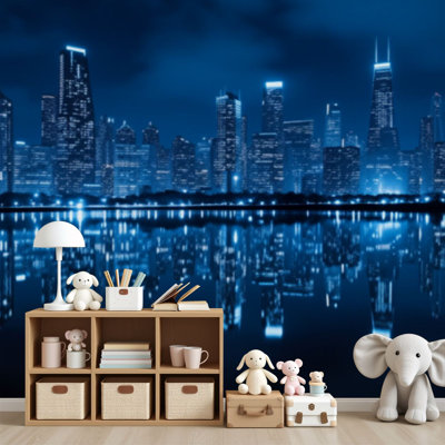 Peel and Stick Wallpaper Chicago Night Downtown City Wall Murals 69"H x 96"W Removable PVC Wall Paper Self-Adhesive Wall Decor for Bedroom Living Room Home Office