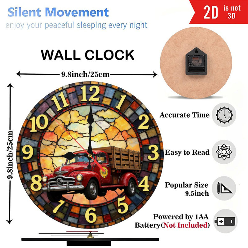 Horloge murale 10 po en MDF rond avec mouvement à quartz silencieux et crochet sans perceuse (piles AA non incluses)