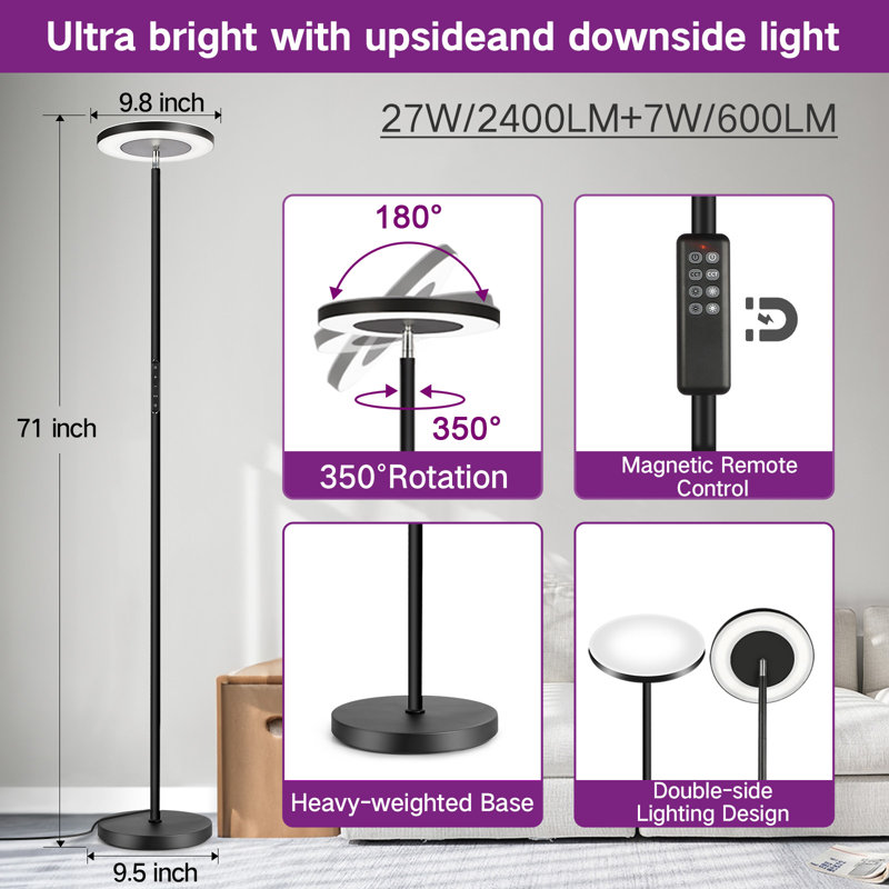 Jernell 68" LED Torchiere Floor Lamp with Touch Control and Remote, Dark Black