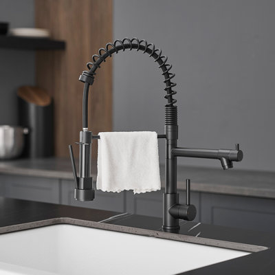 Black Kitchen Sink Faucet With Pull Down , 304 Stainless Steel, Soap Dispenser, Single Hole, Handle, Deck Plate Commercial Style