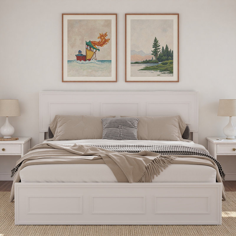 Lit plateforme en bois avec tête de lit à hauteur réglable et panneaux géométriques, White, Queen