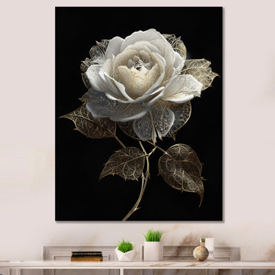 Retro White Rose Portrait On Black On Canvas Print