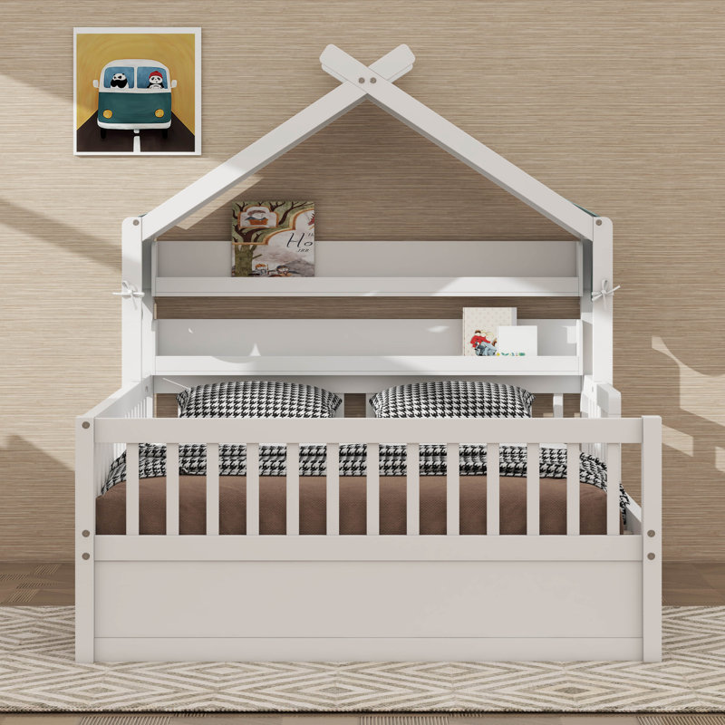 Lit de maison avec tablette de tête de lit et auvent, cadre de lit de maison en bois avec garde-corps de sécurité, Lit double
