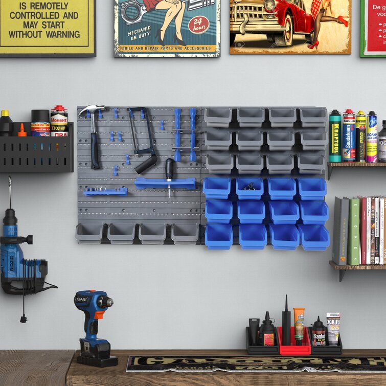 WFX Utility 44 Piece Wall Mounted Pegboard Tool Organizer Rack Kit With Various Sized Storage Bins, Pegboard, & Hooks, Blue